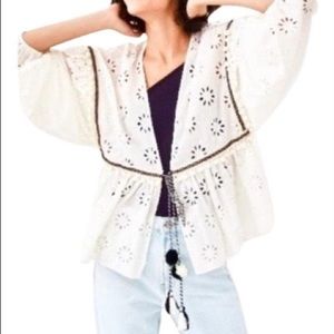 ZARA Trafuluc White Eyelit Lace Coverup Top Pom Poms Tassel Tie Front XS